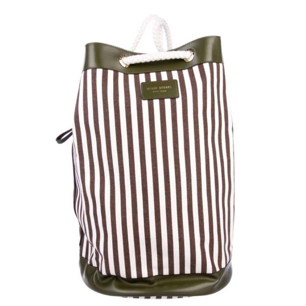 Henri Bendel Drawstring Canvas Backpack Rope Straps Centennial Stripe Bag Tote
